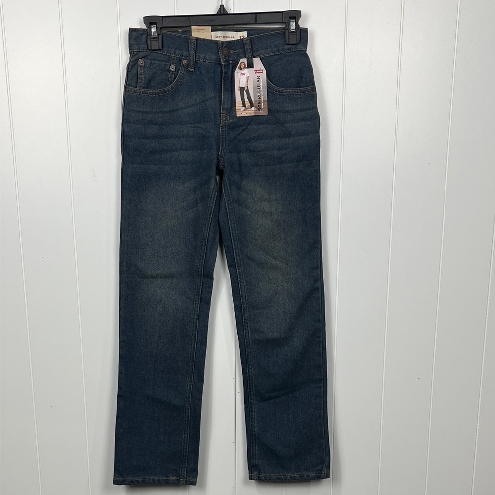 Levi's Boys 505 Regular Jeans 12 Dark Wash Straight Leg Adj Waistband NWT